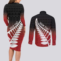 Red Silver Fern Spirit Taniko Tukutuku Personalised Couples Matching Long Sleeve Bodycon Dress and Long Sleeve Button Shirt LT9 - Polynesian Pride