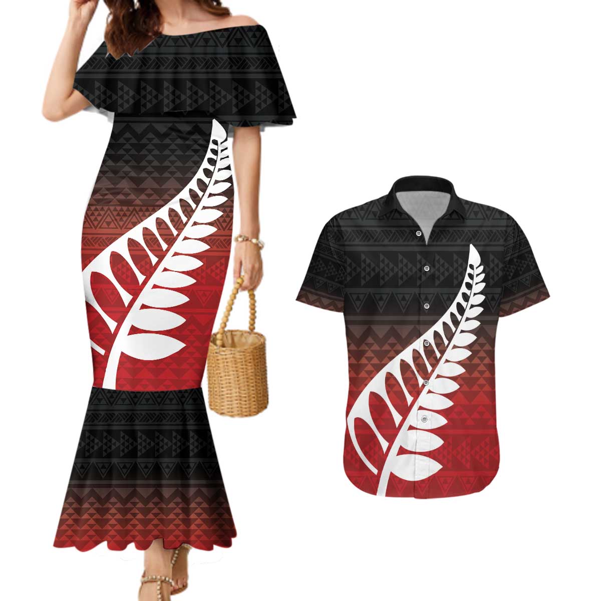 Red Silver Fern Spirit Taniko Tukutuku Personalised Couples Matching Mermaid Dress and Hawaiian Shirt LT9 Red - Polynesian Pride