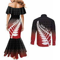 Red Silver Fern Spirit Taniko Tukutuku Personalised Couples Matching Mermaid Dress and Long Sleeve Button Shirt