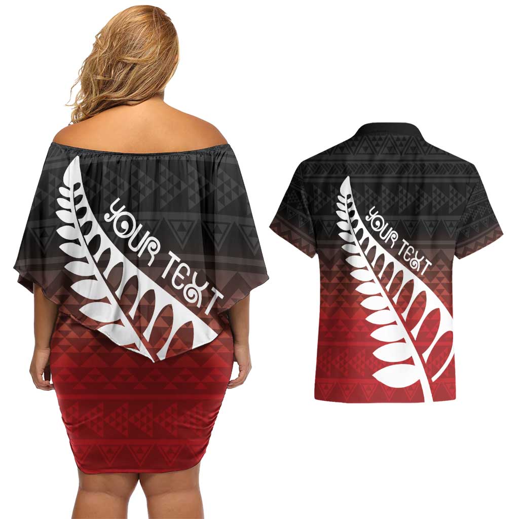 Red Silver Fern Spirit Taniko Tukutuku Personalised Couples Matching Off Shoulder Short Dress and Hawaiian Shirt LT9 - Polynesian Pride