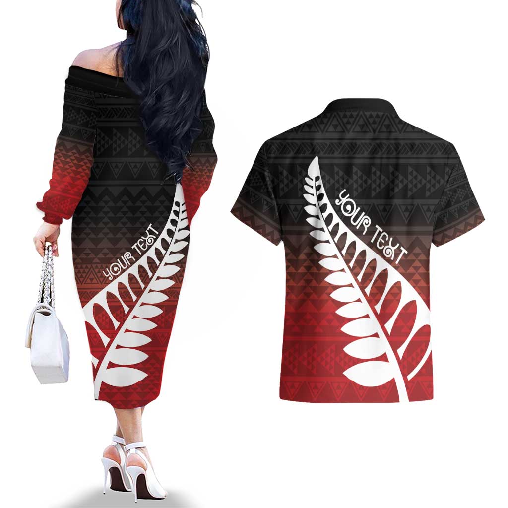 Red Silver Fern Spirit Taniko Tukutuku Personalised Couples Matching Off The Shoulder Long Sleeve Dress and Hawaiian Shirt LT9 - Polynesian Pride