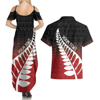Red Silver Fern Spirit Taniko Tukutuku Personalised Couples Matching Summer Maxi Dress and Hawaiian Shirt LT9 - Polynesian Pride
