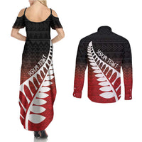 Red Silver Fern Spirit Taniko Tukutuku Personalised Couples Matching Summer Maxi Dress and Long Sleeve Button Shirt