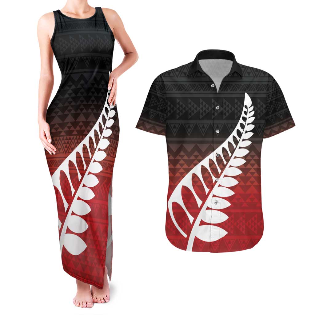 Red Silver Fern Spirit Taniko Tukutuku Personalised Couples Matching Tank Maxi Dress and Hawaiian Shirt LT9 Red - Polynesian Pride