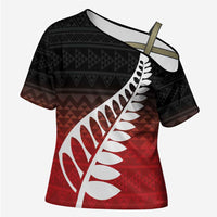 Red Silver Fern Spirit Taniko Tukutuku Personalised Cross Shoulder Shirt - Polynesian Pride