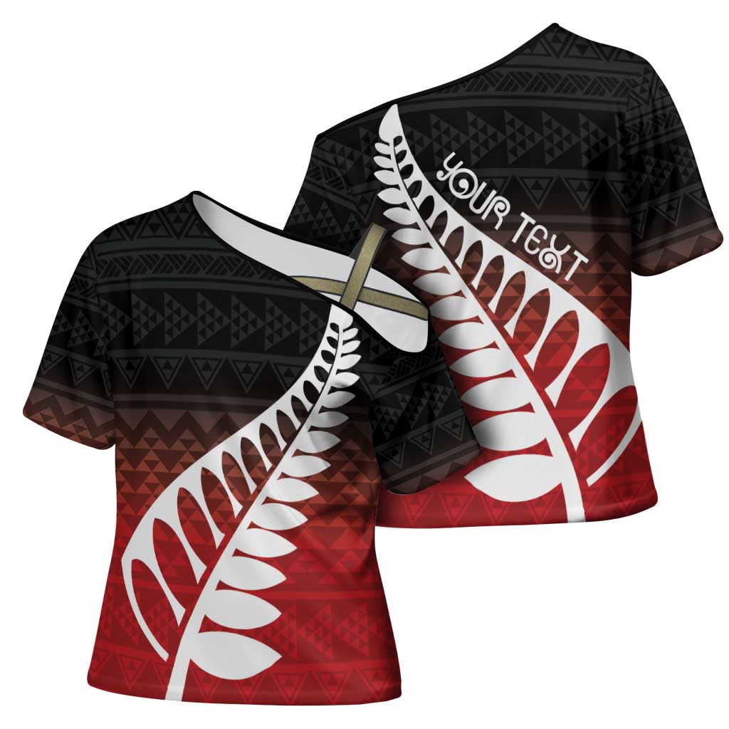Red Silver Fern Spirit Taniko Tukutuku Personalised Cross Shoulder Shirt - Polynesian Pride