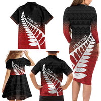 Red Silver Fern Spirit Taniko Tukutuku Personalised Family Matching Long Sleeve Bodycon Dress and Hawaiian Shirt LT9 - Polynesian Pride