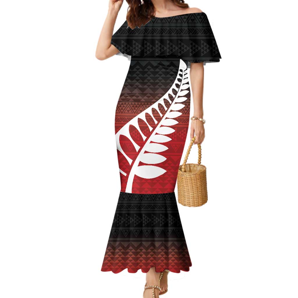 Red Silver Fern Spirit Taniko Tukutuku Personalised Family Matching Mermaid Dress and Hawaiian Shirt LT9 Mom's Dress Red - Polynesian Pride