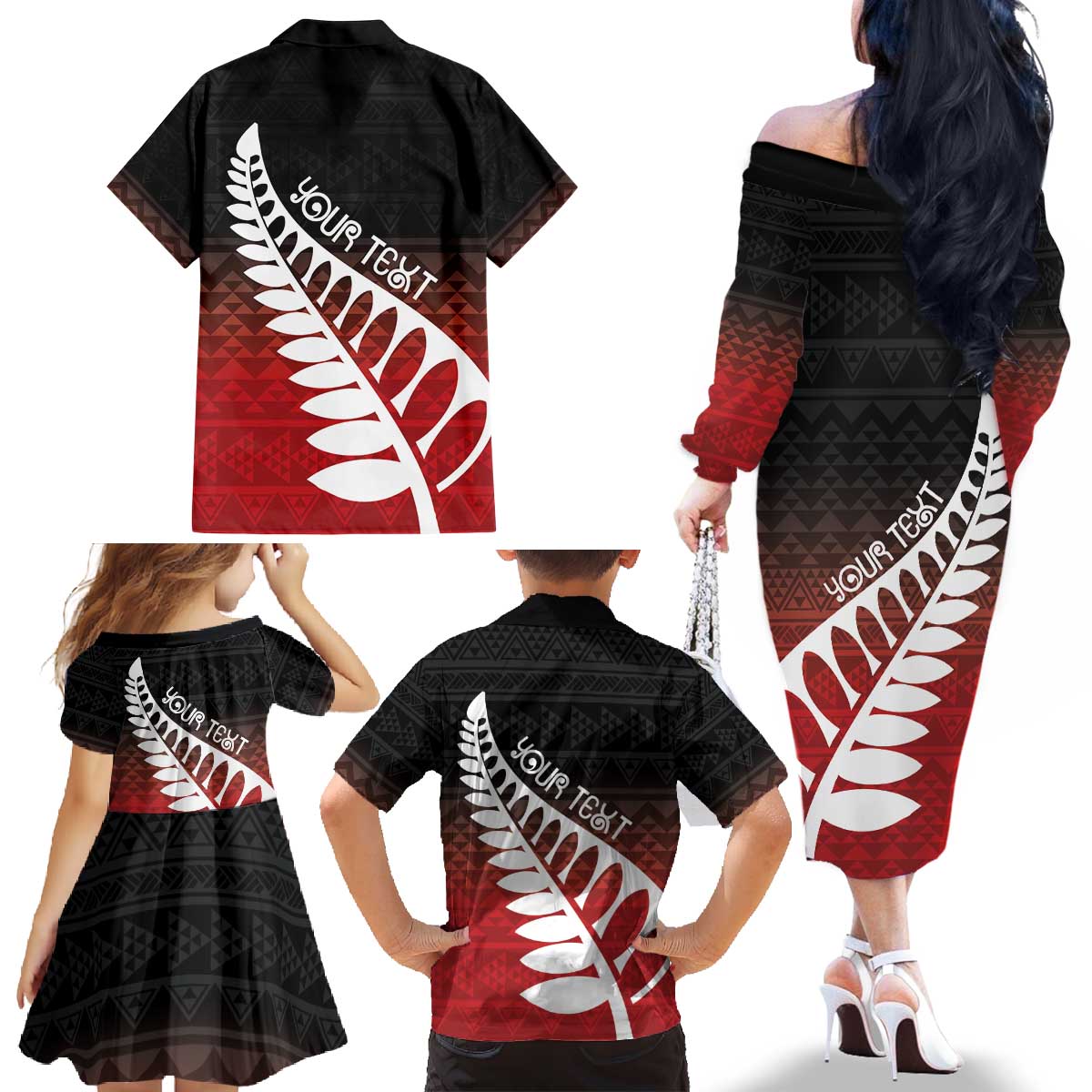 Red Silver Fern Spirit Taniko Tukutuku Personalised Family Matching Off The Shoulder Long Sleeve Dress and Hawaiian Shirt LT9 - Polynesian Pride