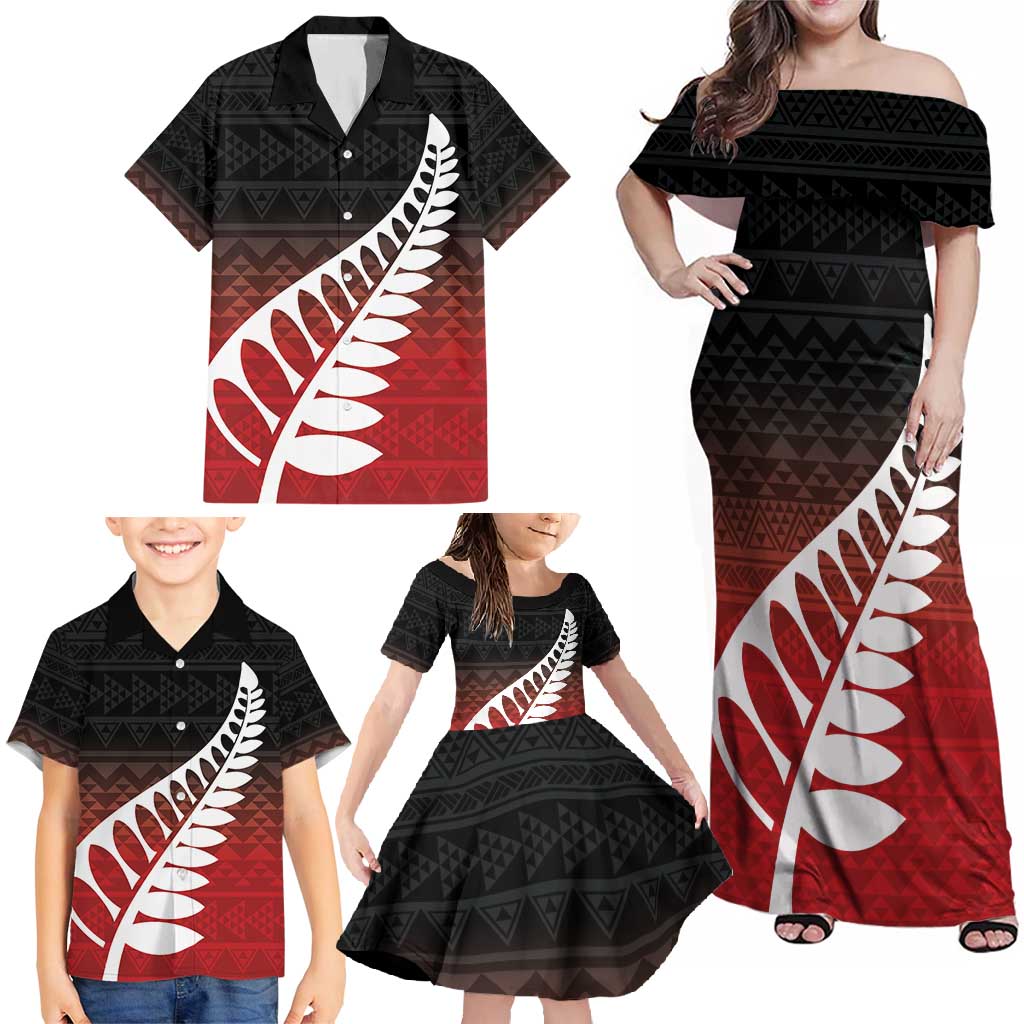 Red Silver Fern Spirit Taniko Tukutuku Personalised Family Matching Off Shoulder Maxi Dress and Hawaiian Shirt