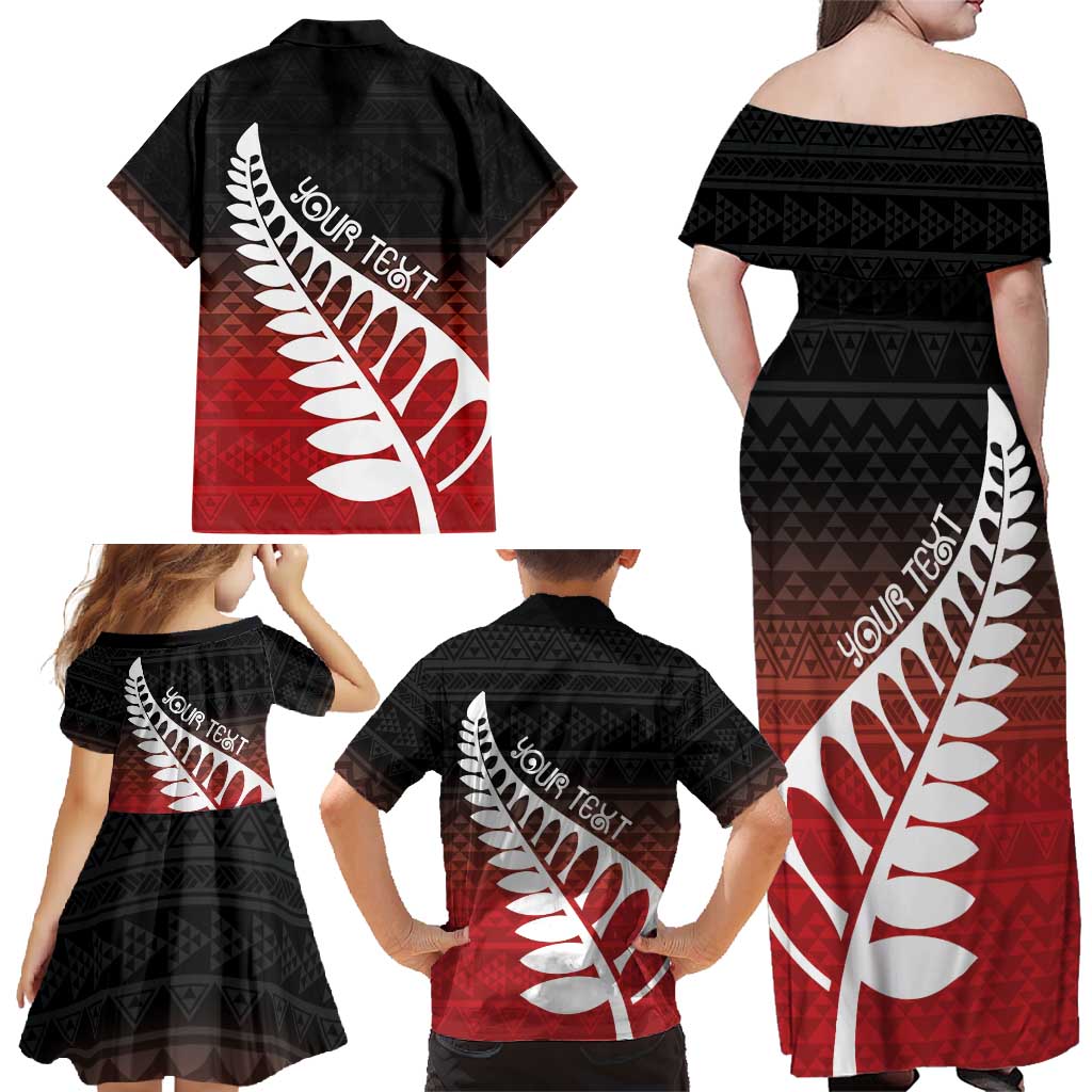 Red Silver Fern Spirit Taniko Tukutuku Personalised Family Matching Off Shoulder Maxi Dress and Hawaiian Shirt LT9 - Polynesian Pride