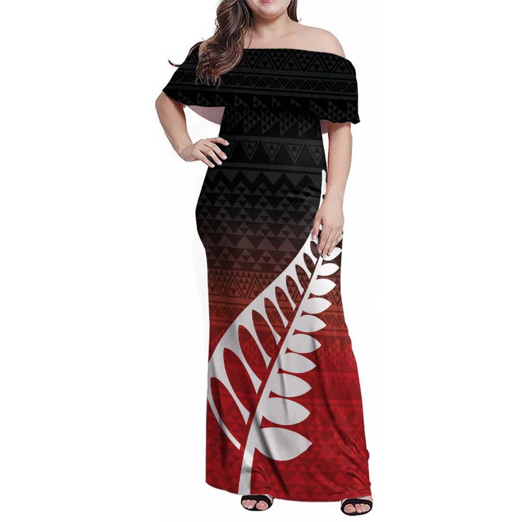 Red Silver Fern Spirit Taniko Tukutuku Personalised Family Matching Off Shoulder Maxi Dress and Hawaiian Shirt LT9 Mom's Dress Red - Polynesian Pride