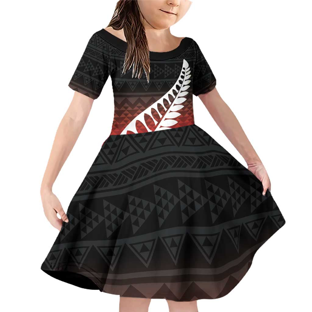 Red Silver Fern Spirit Taniko Tukutuku Personalised Family Matching Off Shoulder Short Dress and Hawaiian Shirt LT9 Daughter's Dress Red - Polynesian Pride