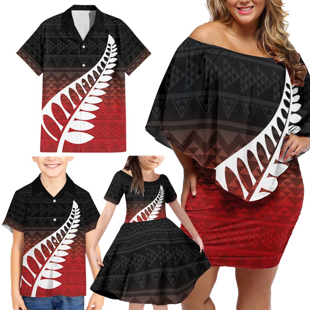 Red Silver Fern Spirit Taniko Tukutuku Personalised Family Matching Off Shoulder Short Dress and Hawaiian Shirt LT9 - Polynesian Pride