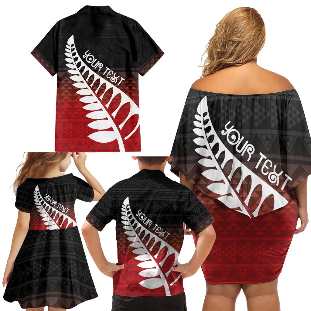 Red Silver Fern Spirit Taniko Tukutuku Personalised Family Matching Off Shoulder Short Dress and Hawaiian Shirt LT9 - Polynesian Pride