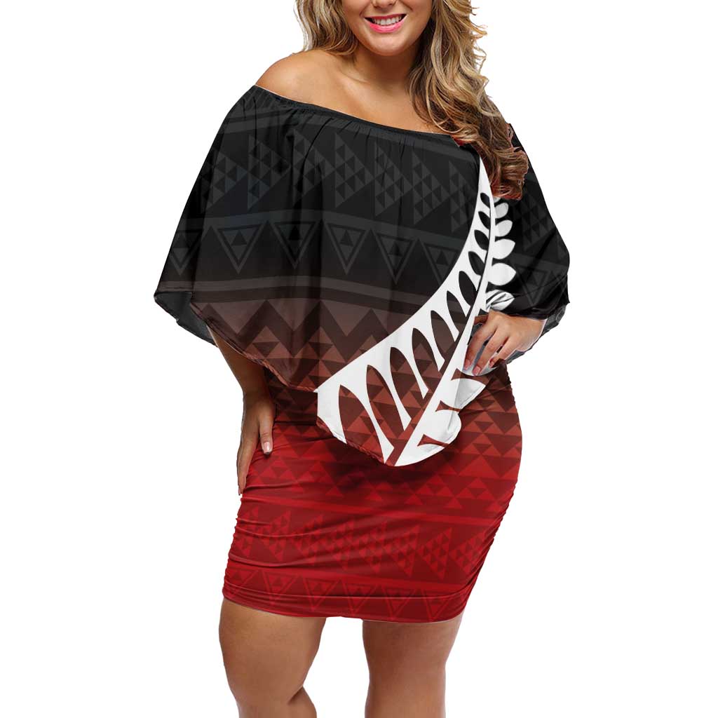 Red Silver Fern Spirit Taniko Tukutuku Personalised Family Matching Off Shoulder Short Dress and Hawaiian Shirt LT9 Mom's Dress Red - Polynesian Pride