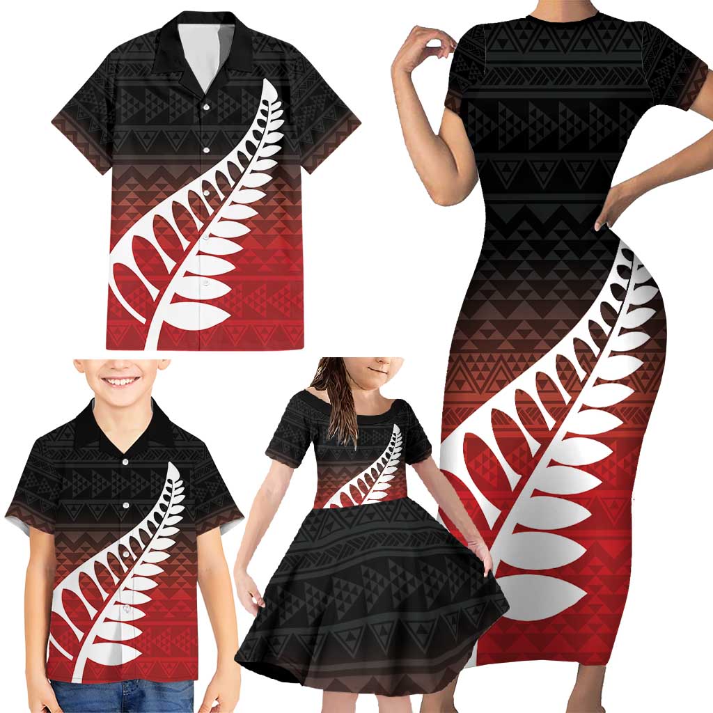 Red Silver Fern Spirit Taniko Tukutuku Personalised Family Matching Short Sleeve Bodycon Dress and Hawaiian Shirt LT9 - Polynesian Pride