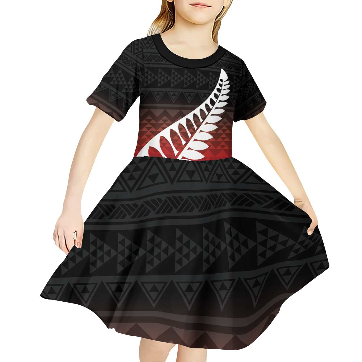 Red Silver Fern Spirit Taniko Tukutuku Personalised Kid Short Sleeve Dress