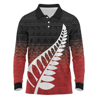 Red Silver Fern Spirit Taniko Tukutuku Personalised Long Sleeve Polo Shirt