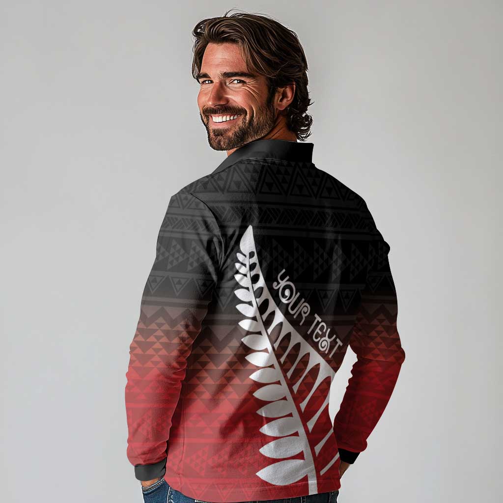 Red Silver Fern Spirit Taniko Tukutuku Personalised Long Sleeve Polo Shirt