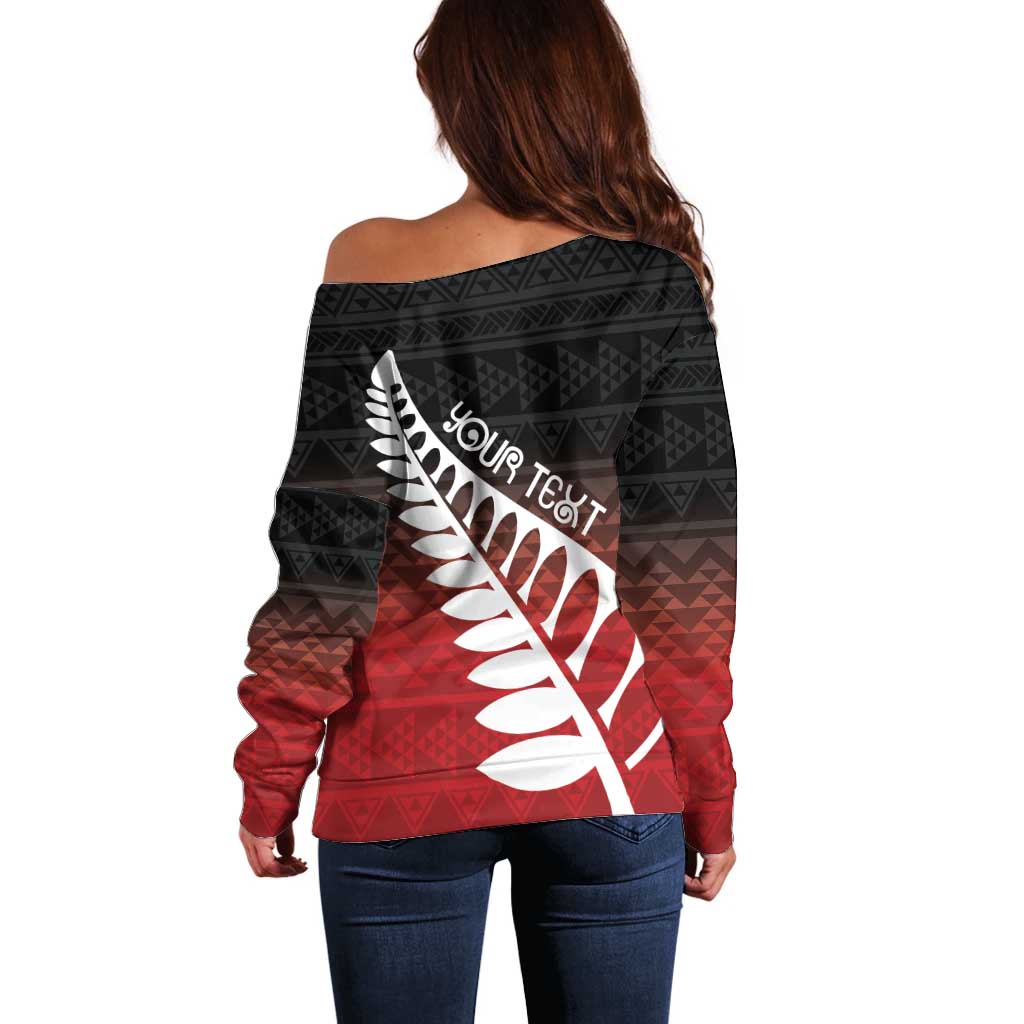Red Silver Fern Spirit Taniko Tukutuku Personalised Off Shoulder Sweater LT9 - Polynesian Pride