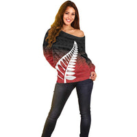 Red Silver Fern Spirit Taniko Tukutuku Personalised Off Shoulder Sweater LT9 - Polynesian Pride