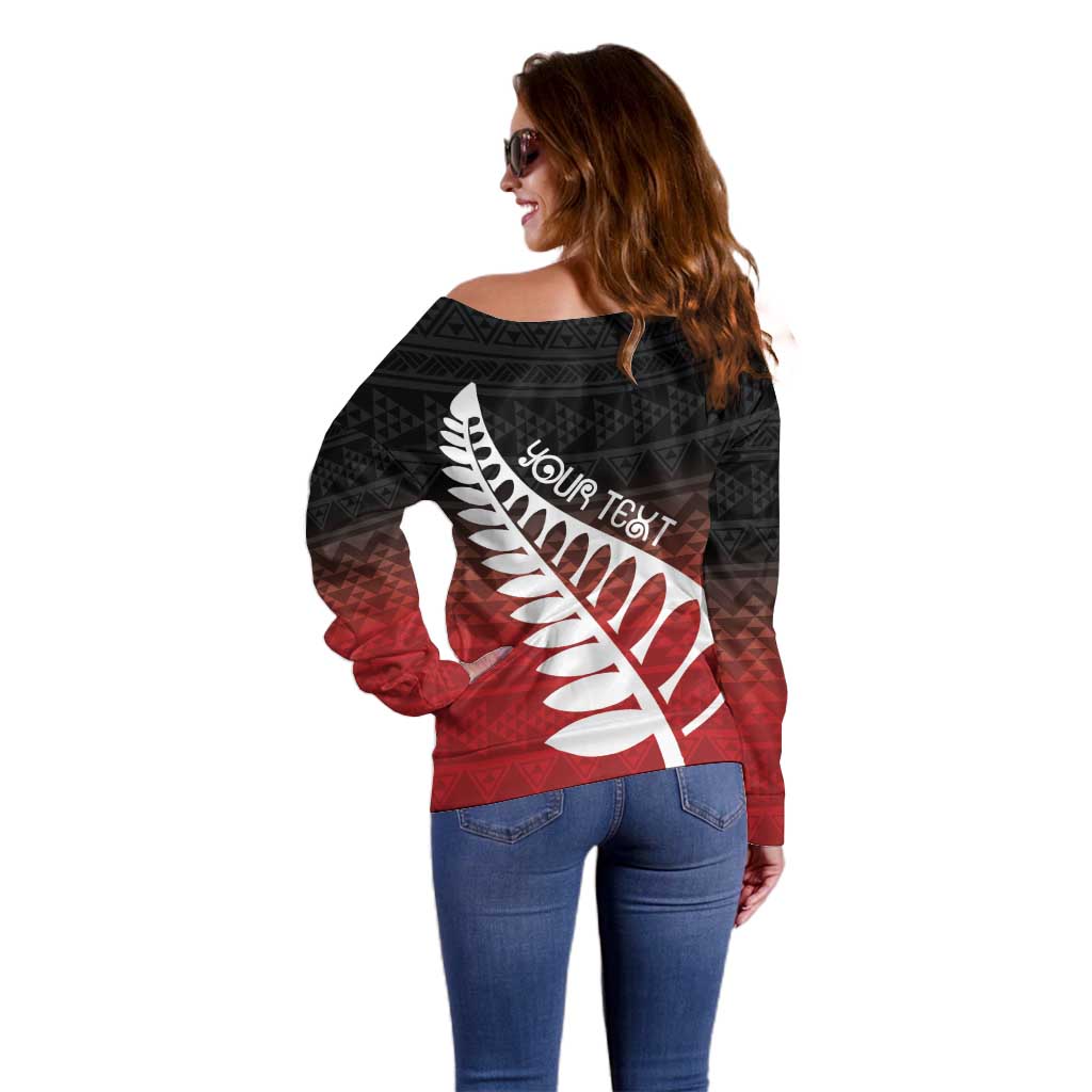 Red Silver Fern Spirit Taniko Tukutuku Personalised Off Shoulder Sweater LT9 - Polynesian Pride