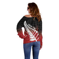 Red Silver Fern Spirit Taniko Tukutuku Personalised Off Shoulder Sweater LT9 - Polynesian Pride