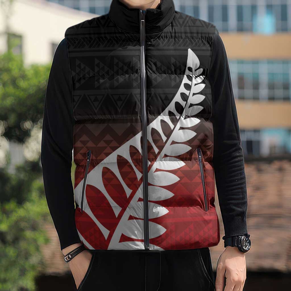 Red Silver Fern Spirit Taniko Tukutuku Personalised Sleeveless Puffer Jacket - Polynesian Pride