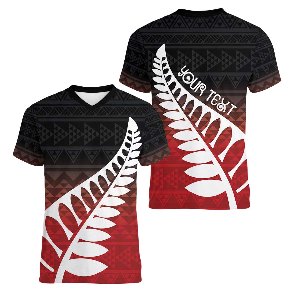 Red Silver Fern Spirit Taniko Tukutuku Personalised Women V-Neck T-Shirt