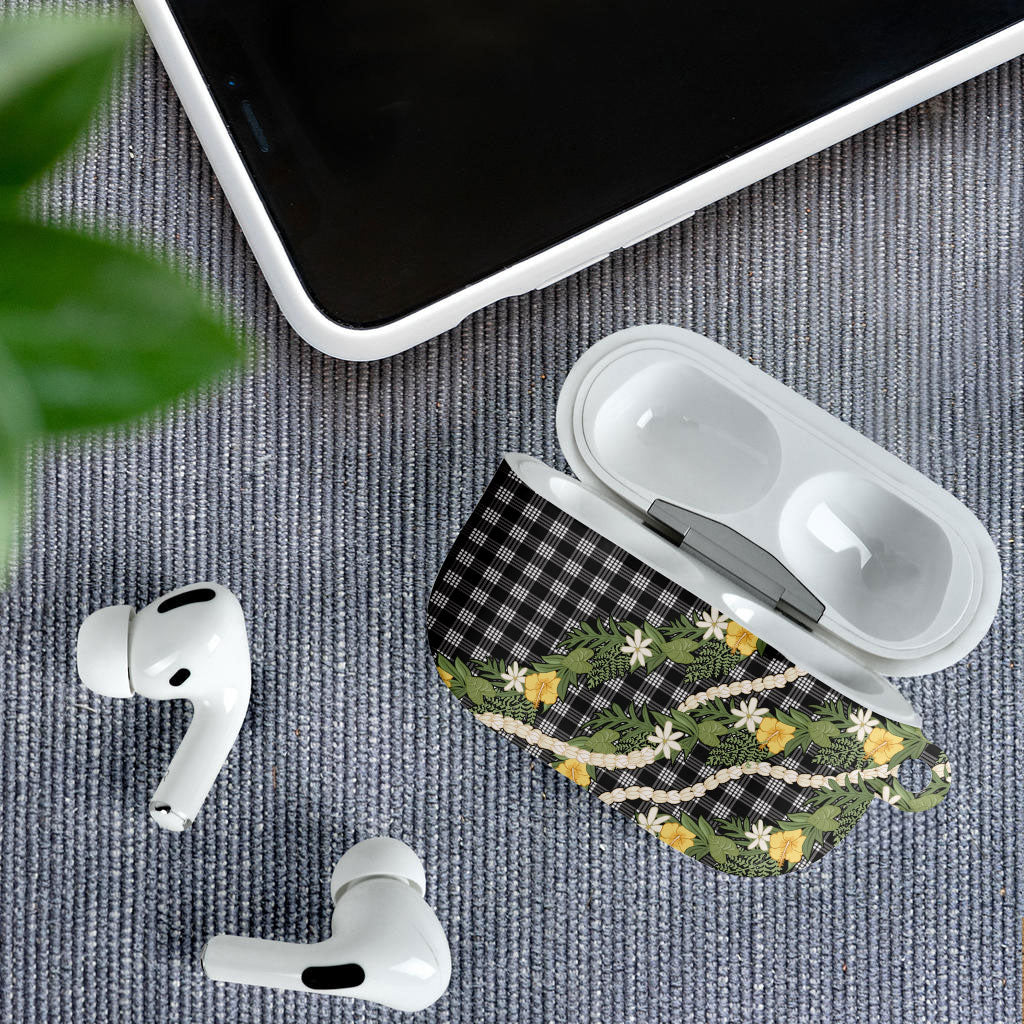 Aloha Puakenikeni Anthurium Pikake Lei AirPods Case Black Hawaiian Palaka Pattern