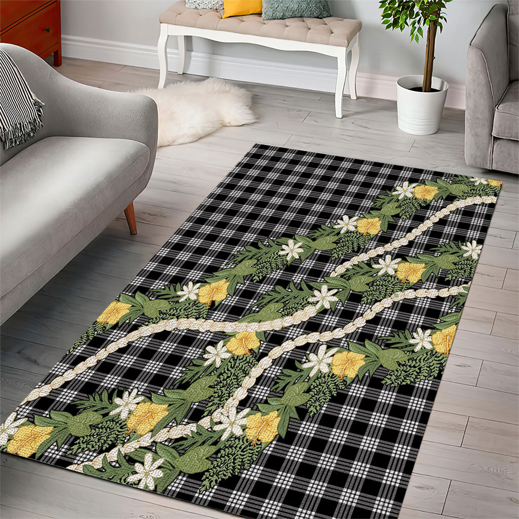 Aloha Puakenikeni Anthurium Pikake Lei Area Rug Black Hawaiian Palaka Pattern