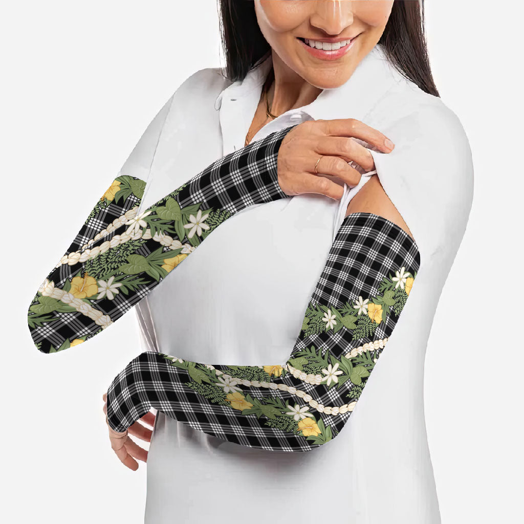 Aloha Puakenikeni Anthurium Pikake Lei Arm Sleeves Black Hawaiian Palaka Pattern