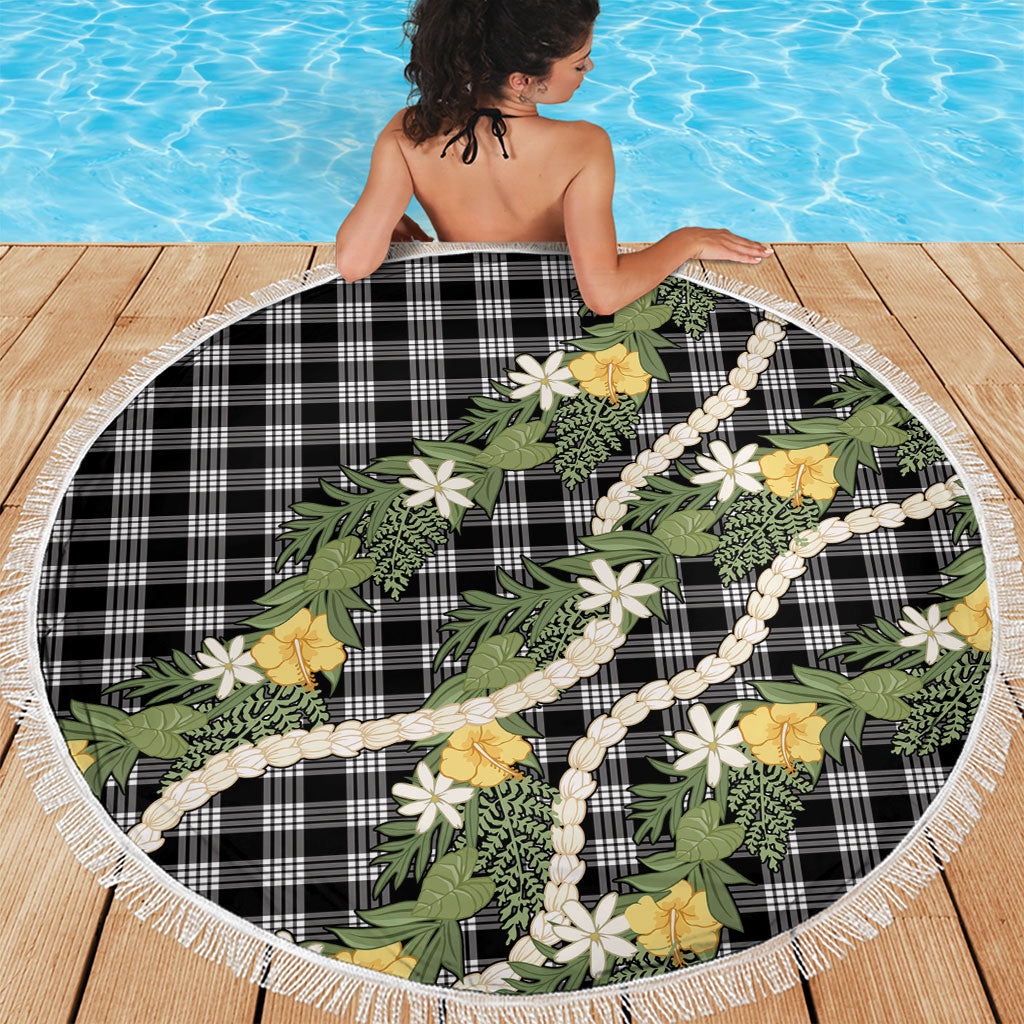 Aloha Puakenikeni Anthurium Pikake Lei Beach Blanket Black Hawaiian Palaka Pattern