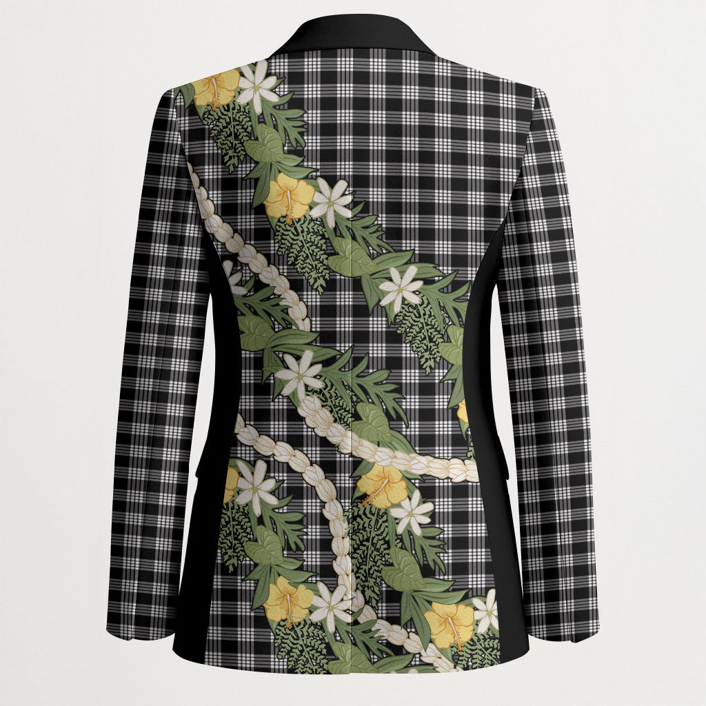 Aloha Puakenikeni Anthurium Pikake Lei Blazer Black Hawaiian Palaka Pattern
