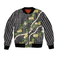 Aloha Puakenikeni Anthurium Pikake Lei Bomber Jacket Black Hawaiian Palaka Pattern