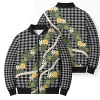 Aloha Puakenikeni Anthurium Pikake Lei Bomber Puffer Jacket Black Hawaiian Palaka Pattern