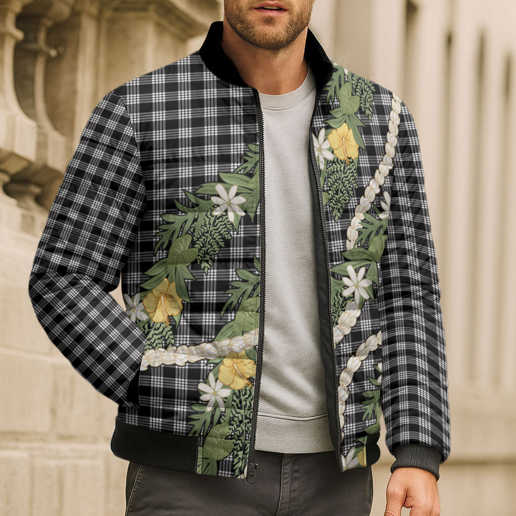Aloha Puakenikeni Anthurium Pikake Lei Bomber Puffer Jacket Black Hawaiian Palaka Pattern