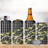 Aloha Puakenikeni Anthurium Pikake Lei 4 in 1 Can Cooler Tumbler Black Hawaiian Palaka Pattern