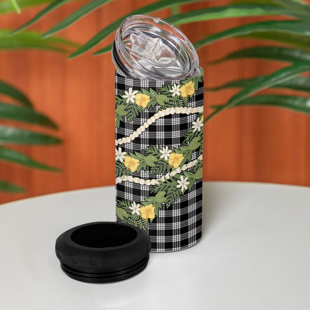 Aloha Puakenikeni Anthurium Pikake Lei 4 in 1 Can Cooler Tumbler Black Hawaiian Palaka Pattern