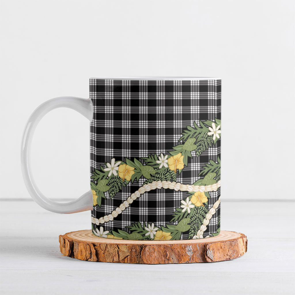 Aloha Puakenikeni Anthurium Pikake Lei Ceramic Mug Black Hawaiian Palaka Pattern