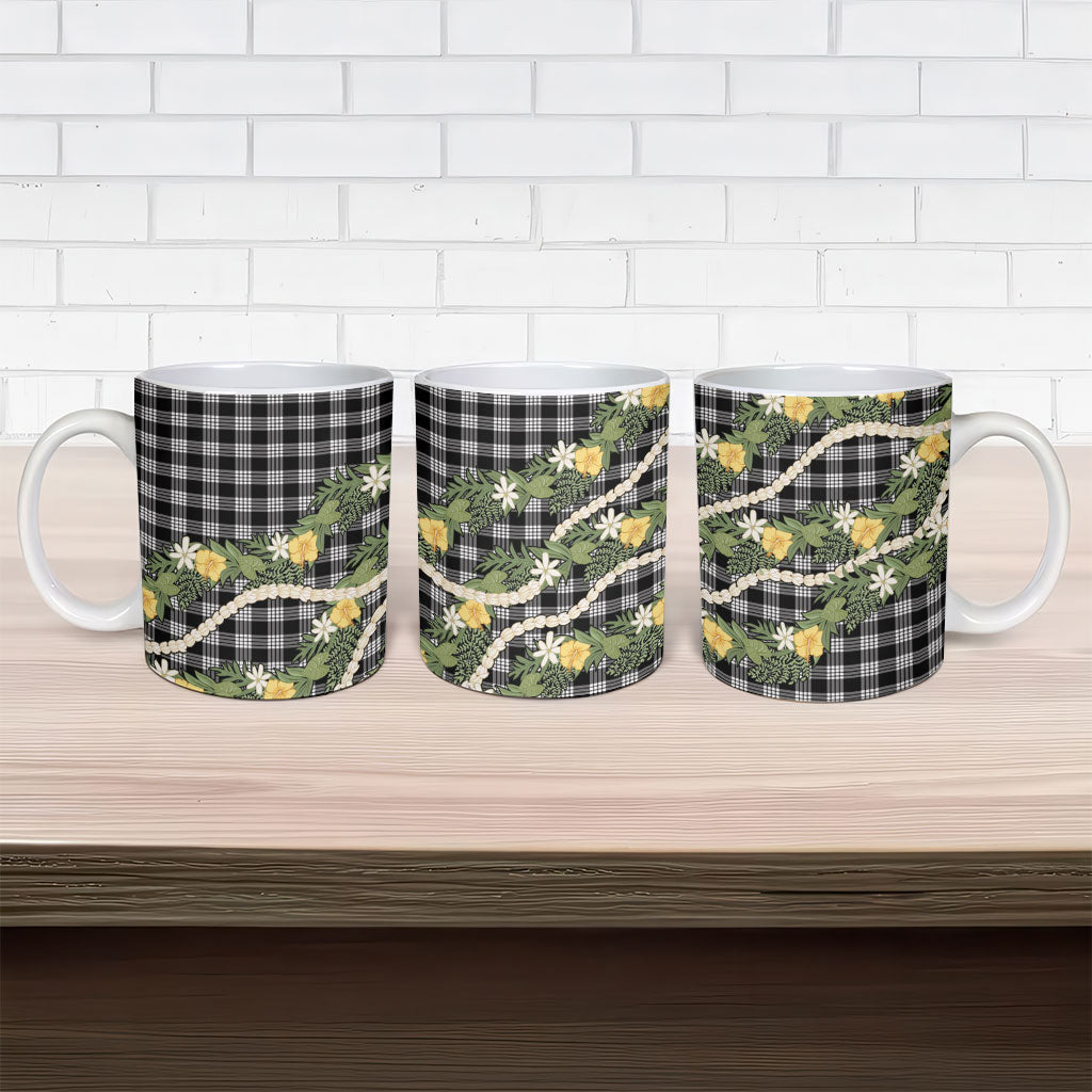 Aloha Puakenikeni Anthurium Pikake Lei Ceramic Mug Black Hawaiian Palaka Pattern