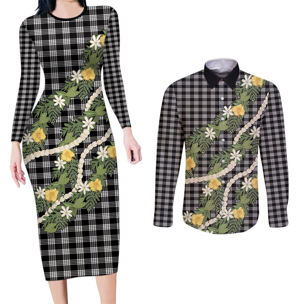 Aloha Puakenikeni Anthurium Pikake Lei Couples Matching Long Sleeve Bodycon Dress and Long Sleeve Button Shirt Black Hawaiian Palaka Pattern