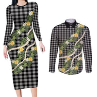 Aloha Puakenikeni Anthurium Pikake Lei Couples Matching Long Sleeve Bodycon Dress and Long Sleeve Button Shirt Black Hawaiian Palaka Pattern