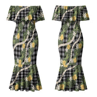 Aloha Puakenikeni Anthurium Pikake Lei Couples Matching Mermaid Dress and Hawaiian Shirt Black Hawaiian Palaka Pattern LT9 - Polynesian Pride