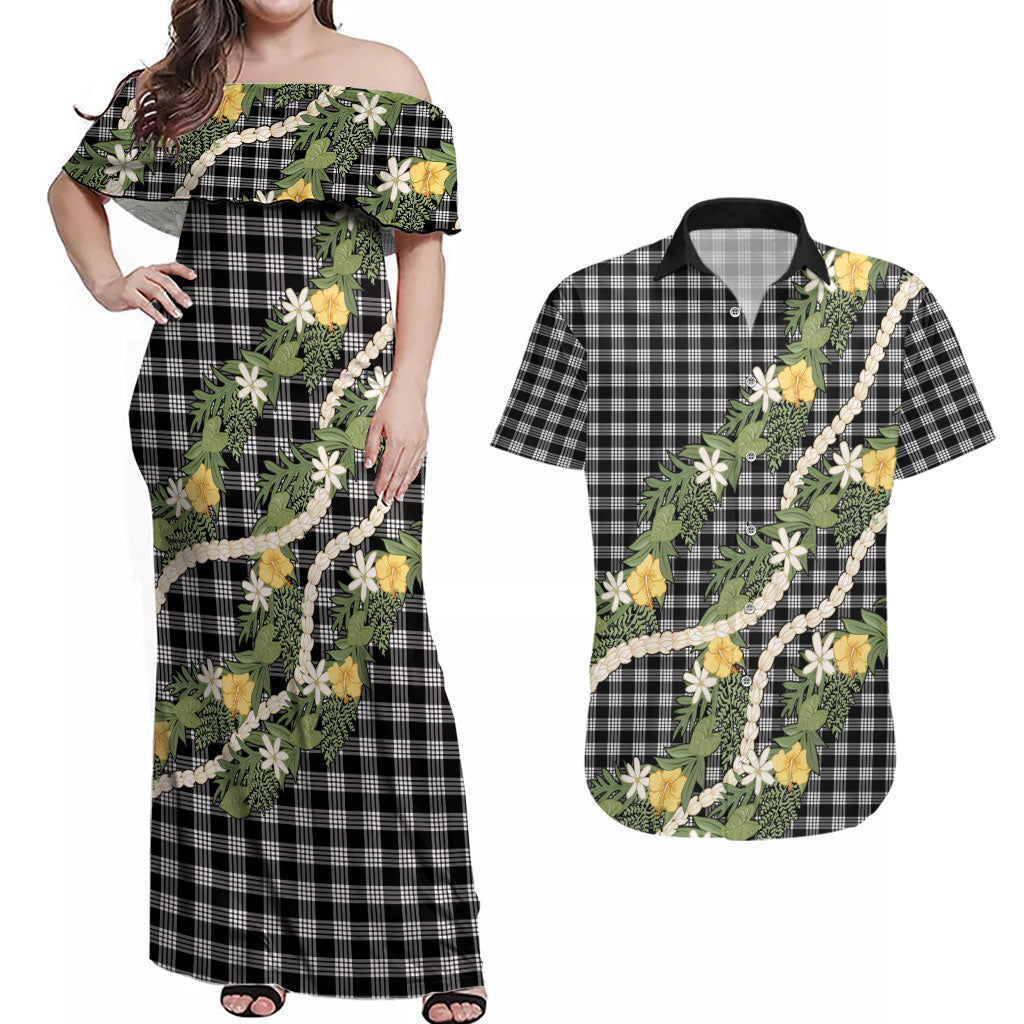 Aloha Puakenikeni Anthurium Pikake Lei Couples Matching Off Shoulder Maxi Dress and Hawaiian Shirt Black Hawaiian Palaka Pattern LT9 Black - Polynesian Pride