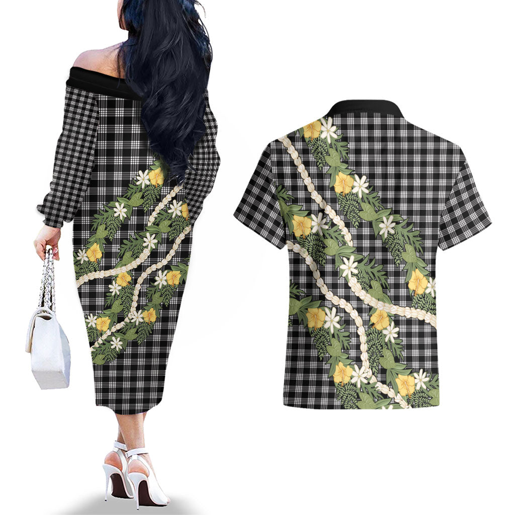 Aloha Puakenikeni Anthurium Pikake Lei Couples Matching Off The Shoulder Long Sleeve Dress and Hawaiian Shirt Black Hawaiian Palaka Pattern LT9 - Polynesian Pride