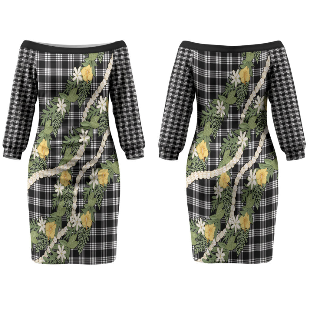 Aloha Puakenikeni Anthurium Pikake Lei Couples Matching Off The Shoulder Long Sleeve Dress and Long Sleeve Button Shirt Black Hawaiian Palaka Pattern LT9 - Polynesian Pride