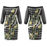 Aloha Puakenikeni Anthurium Pikake Lei Couples Matching Off The Shoulder Long Sleeve Dress and Long Sleeve Button Shirt Black Hawaiian Palaka Pattern LT9 - Polynesian Pride