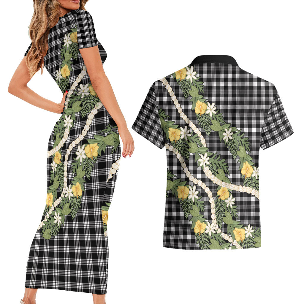 Aloha Puakenikeni Anthurium Pikake Lei Couples Matching Short Sleeve Bodycon Dress and Hawaiian Shirt Black Hawaiian Palaka Pattern